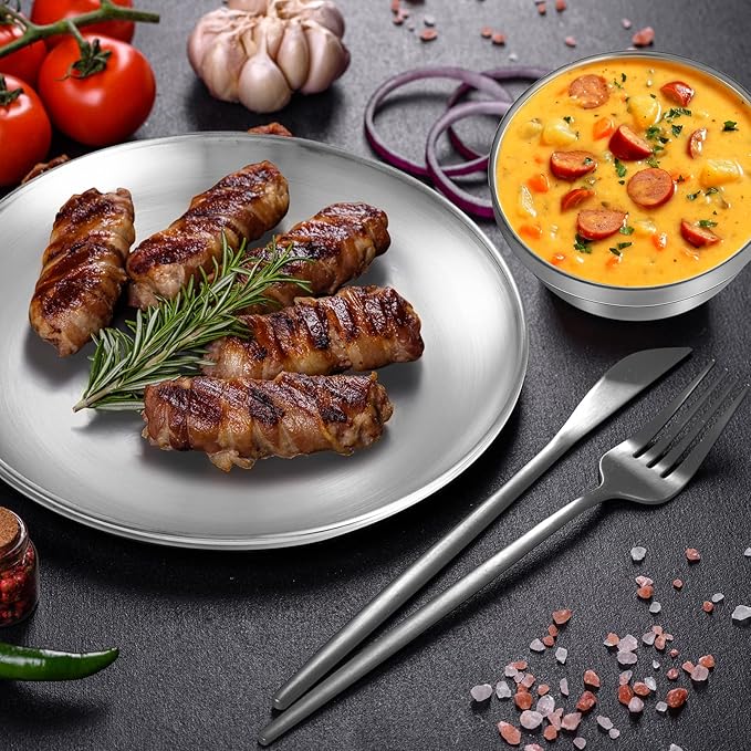 Sunnyray 10 Sets Stainless Steel Plates and Bowls 6.7, 10.2 Inch Metal Camping Plates Reusable 13oz Steel Snack Bowls Feeding Serving Dinner Dishes Double Walled Insulated for Men Women Kids