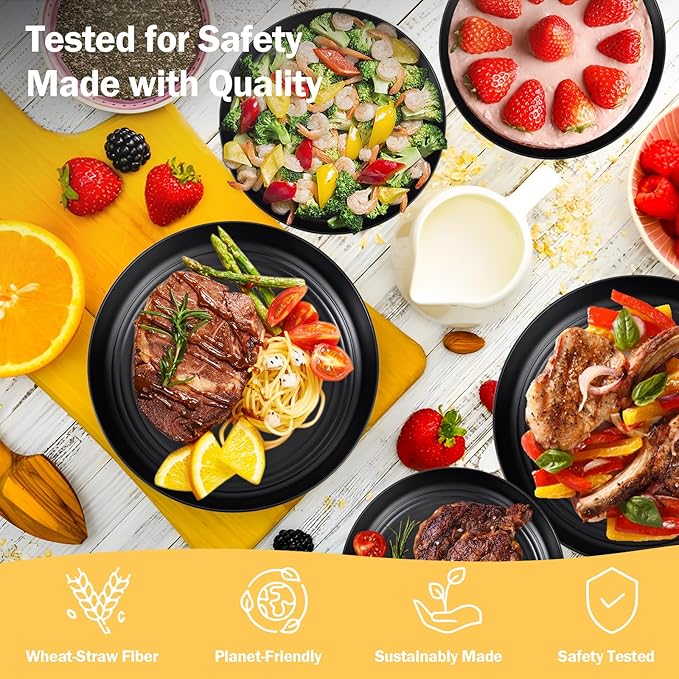 LIYH 24 Pcs Black Wheat Straw Dinnerware Sets, Unbreakable Plates and Bowls Set Plastic Dinnerware Set Include Wheat Straw Plates, Bowls, Cups, Dishes for Kitchen& Camping