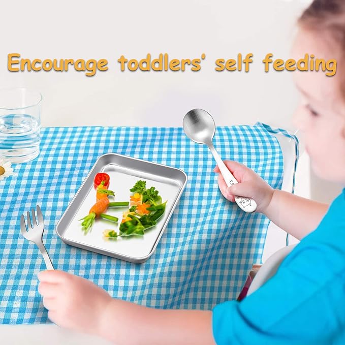 E-far Stainless Steel Kids Plates, 4 Pieces Mini Metal Dinner Dish Set for Kids Toddler Child, 7.3” x 5.3” x 0.75”, Non-Toxic & Dishwasher Safe, Great for Self-Feeding/Picnic/Outdoor Camping