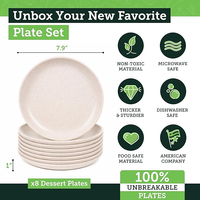 Grow Forward Premium Wheat Straw Plates - 8 Inch Reusable Hard Plastic Dinner Plates Set of 8 - Unbreakable Microwave Safe Plates for Dessert, Camping, RV, Outdoors, Patio, Kitchen Dishes - Sahara