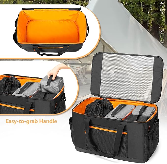 GRAOSO Camping Gear Organizer, 3 Pcs Camping Packing Cubes and 1 Pcs Mesh Pocket with Carrying Bag for Kitchen Supplies, 5-in-one Tactical Travel Storage with Transparent Window for Car Trunk, 45L