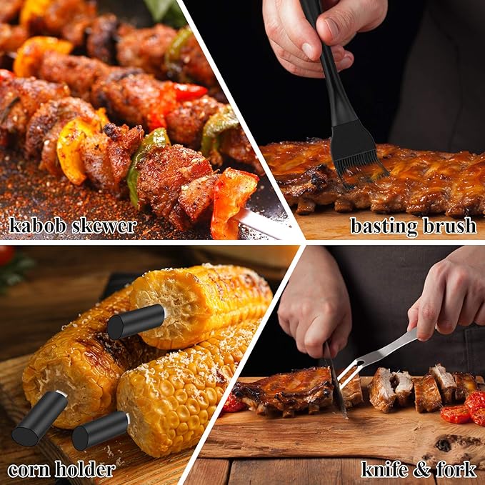 ROMANTICIST 27pcs Heavy Duty Grilling Gifts for Men Dad Fathers Day, Extra Thick BBQ Accessories Tools Set, Stainless Steel Grill Utensils Kit with Meat Claws, Canvas Bag for Outdoor Camping Black