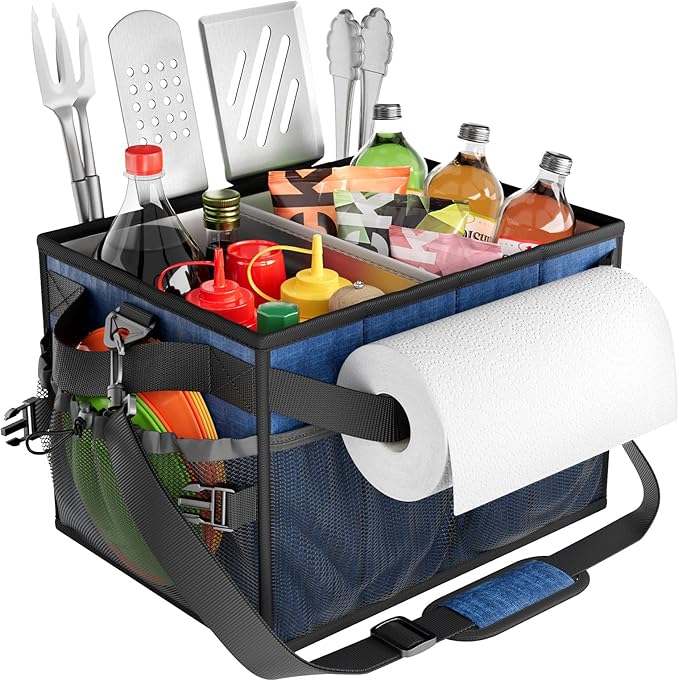 FANGSUN Large Grill and Picnic Caddy with Paper Towel Holder, BBQ Organizer for Utensils, Plates, Condiments, Collapsible & Easy-Carry Griddle Caddy, Must-Haves for Outdoor, Camper, Travel, Car, RV