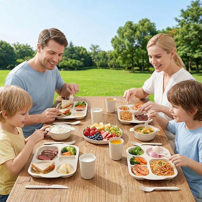 24 PCS Wheat Straw Dinnerware Set for Kids Divided Plates Bowls Cup Cutlery Sets, Reusable Tableware Set Microwave Dishwasher Safe for School Party, Camping, Home