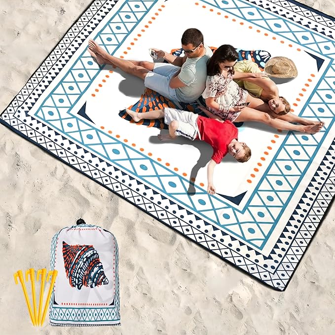 WIWIGO Beach Blanket Waterproof Sandproof Beach Mat 79" X 83"/10'x9'for 2-8 Adults Quick Drying Outdoor Picnic Mat Beach Accessories for Travel, Camping, Hiking