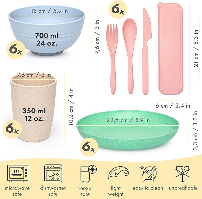 FOODLE Wheat Straw Dinnerware Set - BPA Free & Safety Certified - Lightweight & Unbreakable - Microwave & Dishwasher Safe - Camping, Dorm & RV Dishes - Reusable Kids Plates and Bowls Sets - For 6