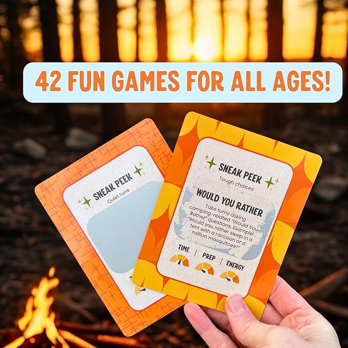 Scratch 'Ems Campfire Games | 42 Scratch Off Cards for Outdoor Summer Fun | Camping Card Games for Kids & Family | Screen-Free Entertainment, Perfect Camping Gifts for Kids & Family