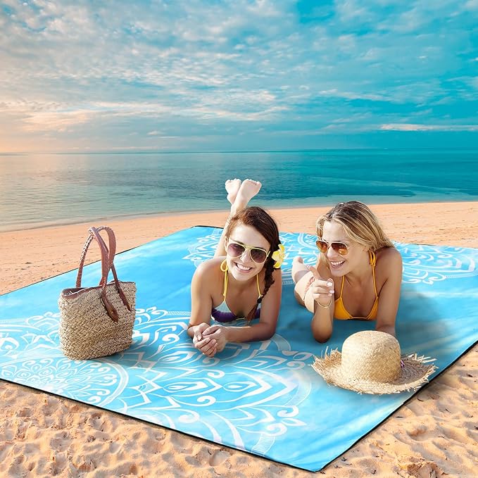 WIWIGO Beach Blanket Waterproof Sandproof Beach Mat 79" X 83"/10'x9'for 2-8 Adults Quick Drying Outdoor Picnic Mat Beach Accessories for Travel, Camping, Hiking