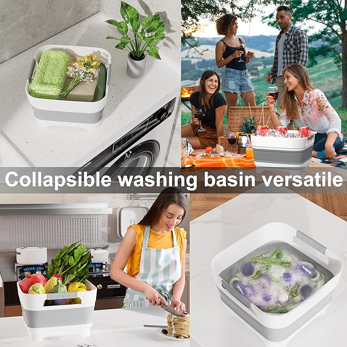MontNorth 2.4 Gal Collapsbile Wash Basin with Drian Plug,9L Dish Pan for Soaking Baby Bottles,Portable Sink, Multiuse Foldable Bucket,Ice Beverage Tubs for Camping, Vegetable Washing, RV (Gray)