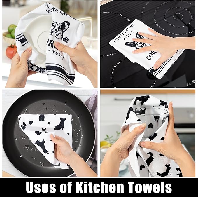R HORSE Corgi Kitchen Dish Towel Set- 5Pcs Cute Corgi Cleaning Dishcloth Animal Dog Absorbent Bar Quick Dry Hand Towel Tea Towels for Dog Lovers Hostess Bathroom Kitchen Home Decors