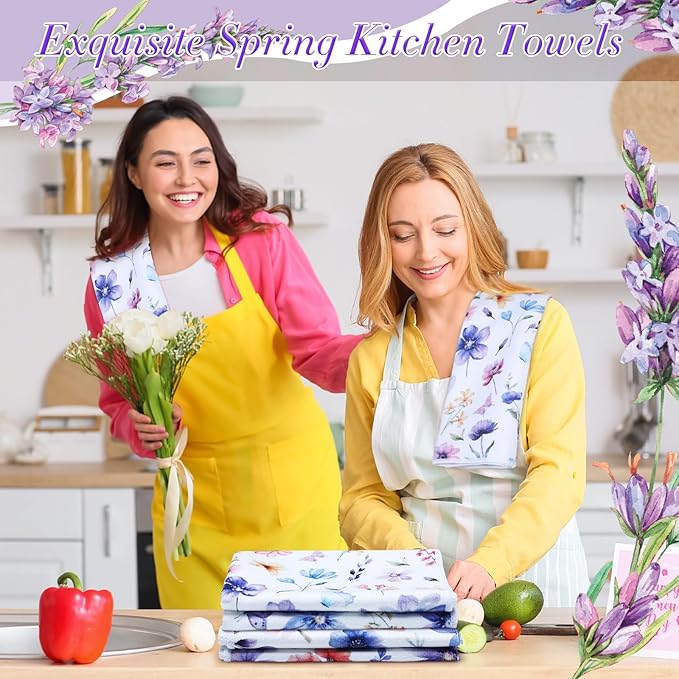 Oudain 6 Pcs Spring Lavender Kitchen Towel Set Decor Purple Floral Hand Dish Towels Decorative 18x24 Inch Wildflower Butterfly Tea Cloths for Housewife Gift Spring Easter Bathroom Kitchen Accessories