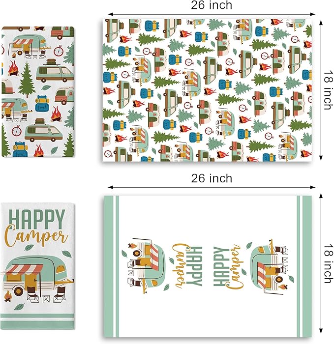Happy Camper Kitchen Dish Towels Set of 2, Camping RV Adventure Travel Drying Hand Towel Baking Cooking Cloth, Campsite Campfire Tree Bathroom Home Decoration 18'' x 26''