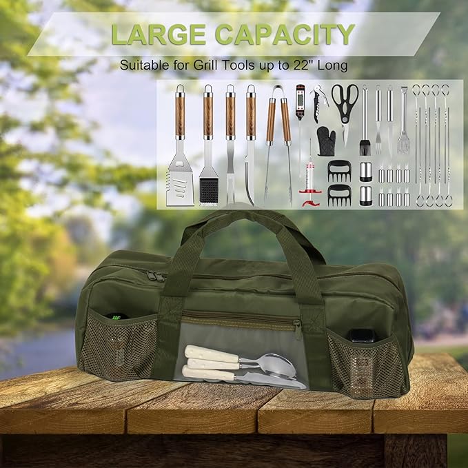 22" Upgraded Grill Tools Storage Bag, BBQ Utensil Holder with Pockets, Carry Bag for Outdoor Camping & Hiking BBQ, Gift for Men, Green