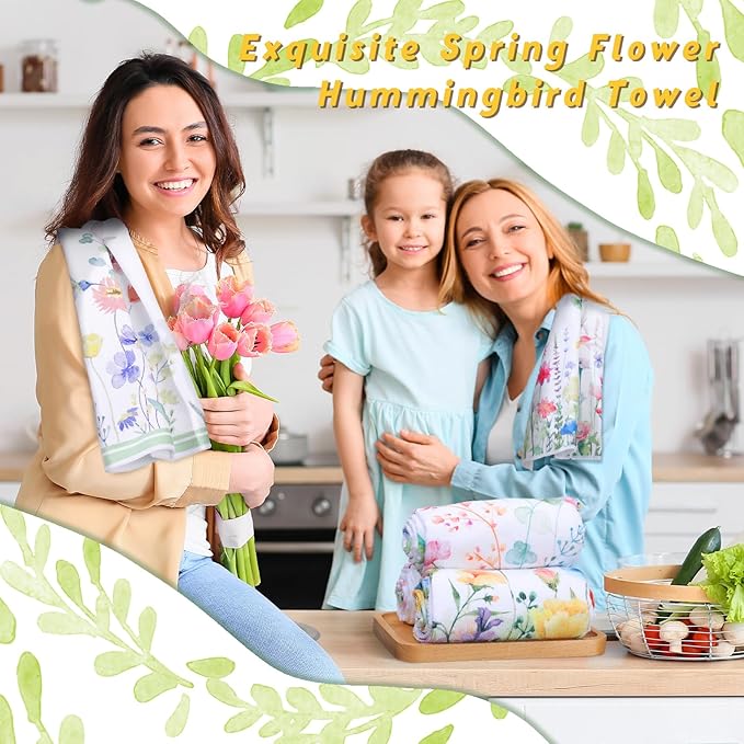 Oudaoudain Sets of 6 Spring Kitchen Towels Decor Floral Wildflower Hummingbirds Branches Dish Hand Tea Towels for Spring Party Holiday Supply Bathroom Housewarming Gift