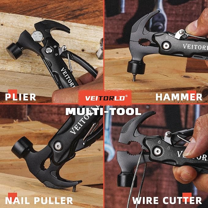 VEITORLD All in One Tools Mini Hammer Multitool, Fathers Day, Unique Gifts for Men Dad Husband, Birthday Camping Gifts Ideas for Him Grandpa Boyfriend Women, Cool Camping Hunting Gadgets