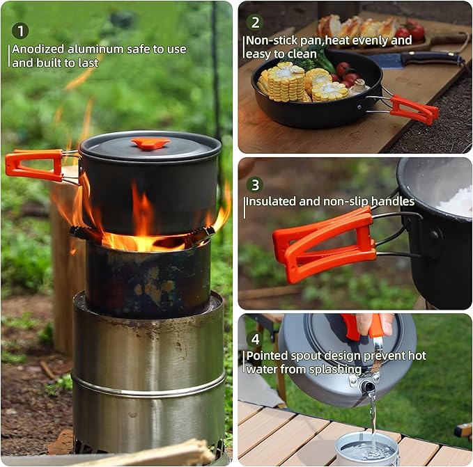 aiGear 3pcs Camping Cooking Set for 1-2 People, Lightweight Foldable Pot Pan Kettle with Storage Bag, Backpacking Cooking Set for Hiking Picnic Camping