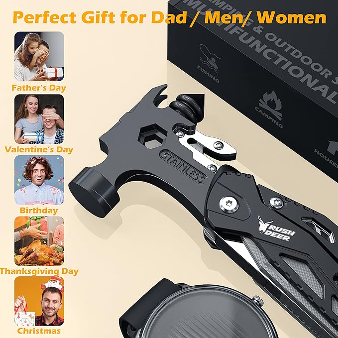 Rush Deer Camping Essentials Multitool,16 in 1 Multi Tool Survival Gear with Hammer, Pliers, Knife, Screwdrivers, Bottle Opener & Car Safety Hammer, for Camping, Hiking, Gift for Dad Him