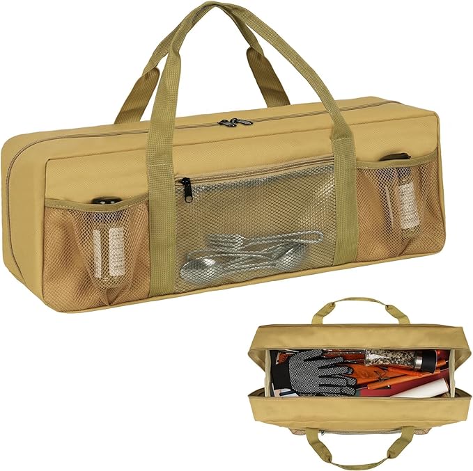 Grill Tool Storage Bag, Large Grill Utensil Storage Caddy with Pockets, BBQ Tools Storage Bag for Outdoor Camping(Brown)