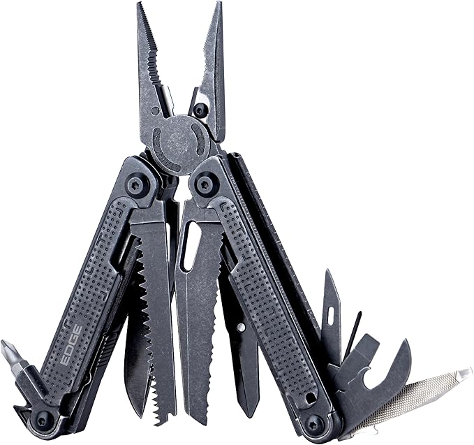 EDGE Multi-Tool Pliers, 14-in-1 Stainless Steel Multitool with Knife, Saw, Scissors, Wire Cutter & Screwdriver Bits, Compact Folding Pocket Tool for Camping, Survival, Fishing & Car Emergency (Black)