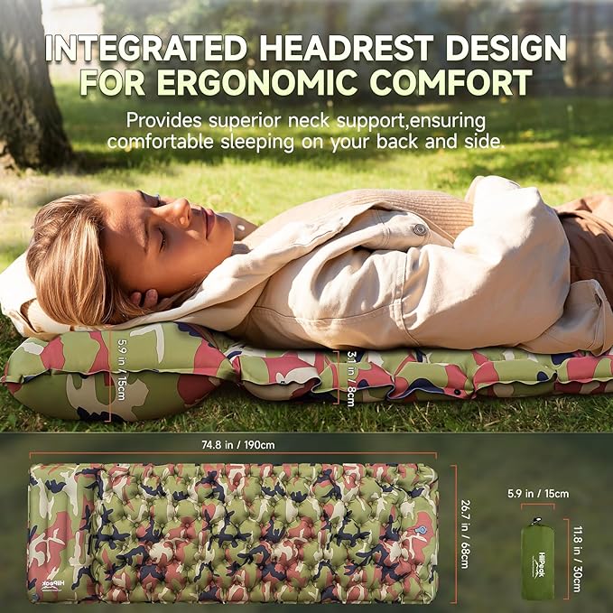 HiiPeak Sleeping Pad for Camping- Ultralight Inflatable Sleeping Mat with Built-in Foot Pump & Pillow, Upgraded Compact Camping Air Mattress for Tent, Backpacking, Hiking