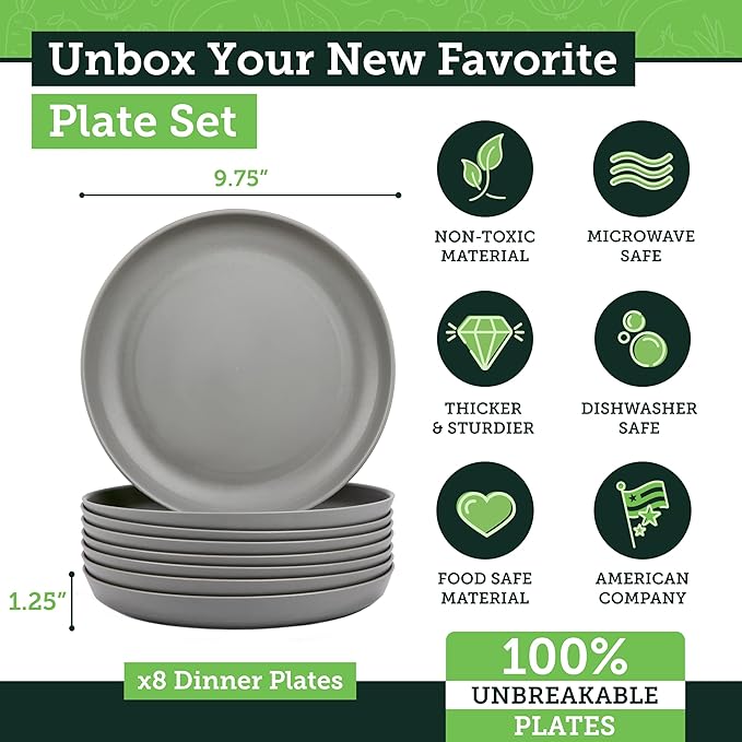 Grow Forward Premium Wheat Straw Plates - 10 Inch Reusable Hard Plastic Dinner Plates Set of 8 - Unbreakable Microwave Safe Plates for Dessert, Camping, RV, Outdoors, Patio, Kitchen Dishes - Feather