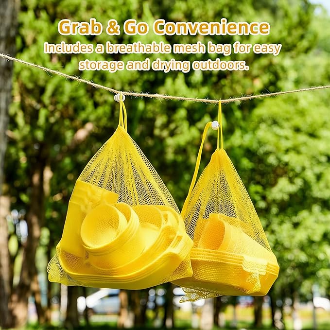 Dinnerware Set for 4, 21-Piece Reusable Plates and Bowls Set with Mesh Bag, Cups, Sauce Dishes and Serving Platters, Lightweight Outdoor Dish Set for Picnic, RV, Patio, BBQ, Mustard Yellow