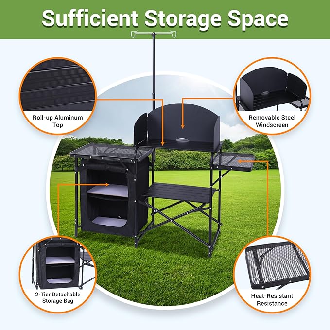 Nice C Camping Kitchen Station, Camping Table, Picnic Table, Portable Grill Table, Folding Cook Table, Upgrade Light Stand and Windshield Station & Organizers, Carry Bag for Beach, Picnic (Black)