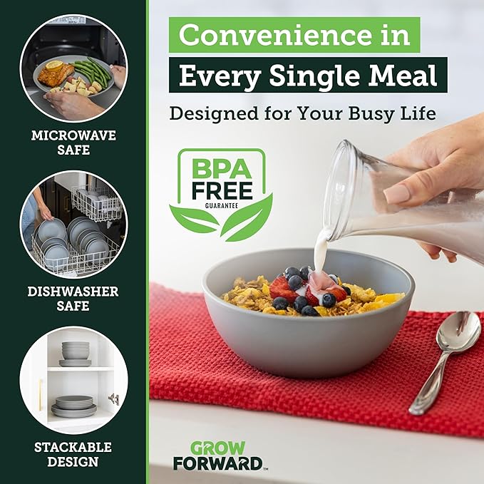 Grow Forward 16-piece Premium Wheat Straw Dinnerware Sets for 4 - Unbreakable Dishwasher & Microwave Safe Plastic Plates and Bowls Sets - Patio, Outdoors, RV, Camping Dishes - Feather