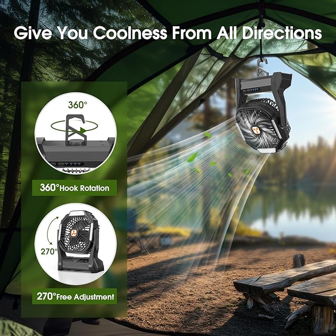 Portable Rechargeable Fan, 20000mAh Cordless Battery Powered Camping Tent Fans with LED Lantern, Small USB C Operated Outdoor Ventilador for Travel Camp Fishing Picnic Beach Office Home Essentials