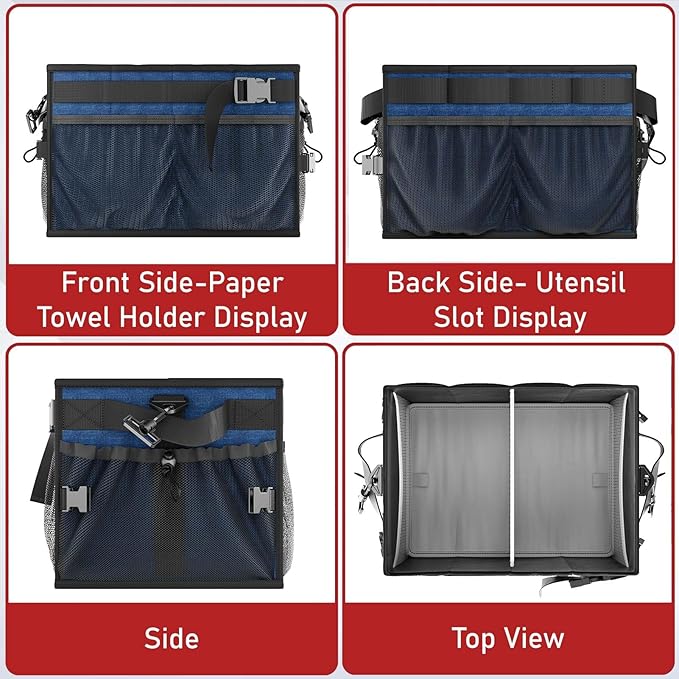 FANGSUN Large Grill and Picnic Caddy with Paper Towel Holder, BBQ Organizer for Utensils, Plates, Condiments, Collapsible & Easy-Carry Griddle Caddy, Must-Haves for Outdoor, Camper, Travel, Car, RV