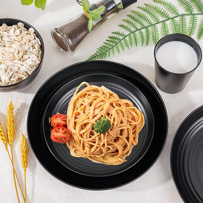 LIYH 16 Pcs Black Wheat Straw Dinnerware Set - Unbreakable Plates and Bowls Sets, Dish Sets for 4, Black Plastic Dinnerware Set Include Wheat Straw Dinner Plates Bowls Cups Kitchen & Camping