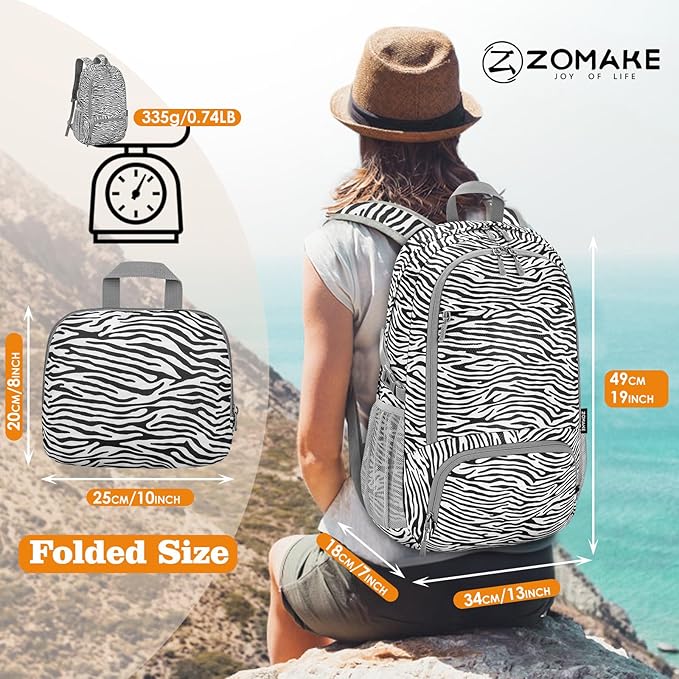 ZOMAKE Lightweight Packable Backpack 30L, Foldable Hiking Backpacks Water Resistant Compact Folding Daypack for Travel(Zebra print)