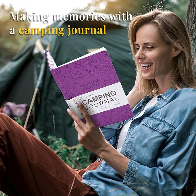 JUBTIC Camping Journal and RV Travel Log Book, A5 Adventure Journal for 25 Camping, Hiking Journal, Family Travel Books Camper Essentials Camping Gifts for Women-Purple