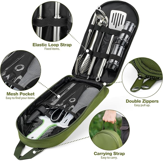 Portable Camping Utensil Set, 16 Piece Cookware Kit, Outdoor Cooking and Grilling Utensil Organizer Travel Set Perfect for Picnic, RV, Tailgating, Camping, Hiking, CT606