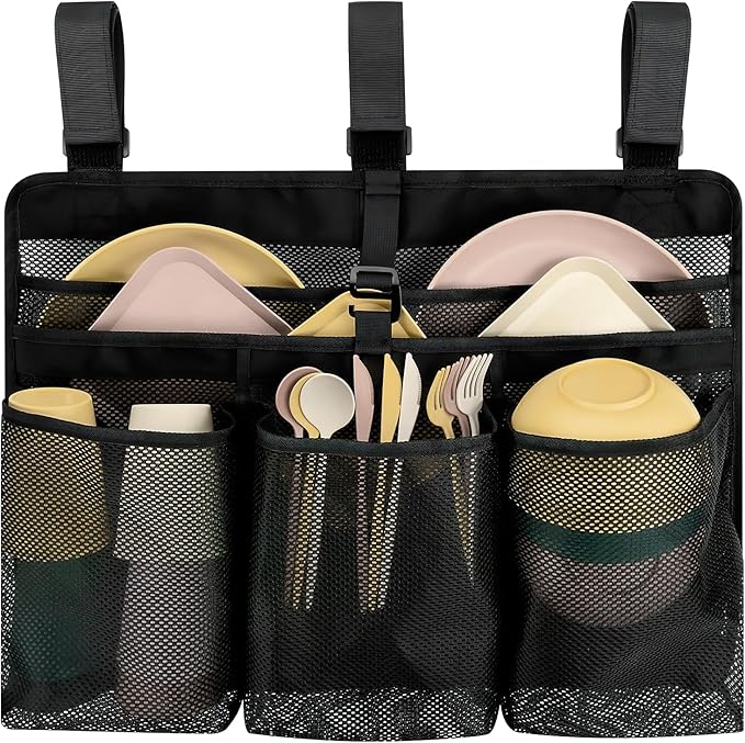 Camping Dishes Dry Bag Collapsible Dish Drying Rack,RV Dish Drying Rack, Portable Mesh Cutlery Drain Storage for RV Camping Essentials,Travel Portable Kitchen Camp Storage Bag
