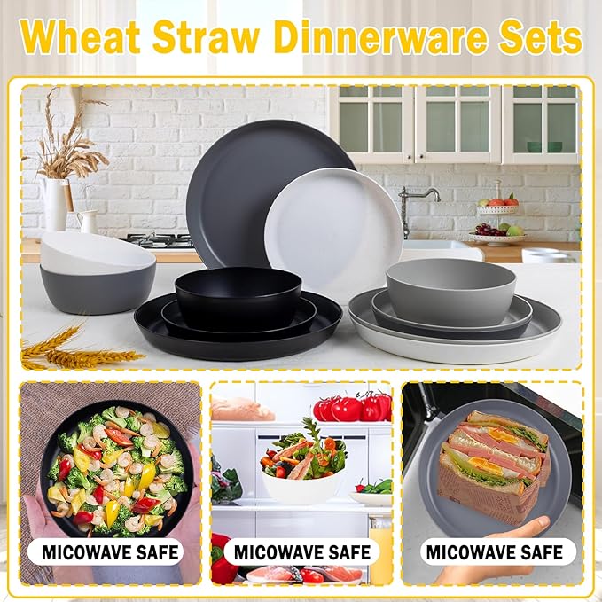 EI 12pcs Wheat Straw Plates,Wheat Straw Dinnerware Set,Plate and Bowls Sets,Plastic Plates Reusable-White,Black,Grey,Dark Grey,Dinner Plate Set of 4 Kitchen,Picnic
