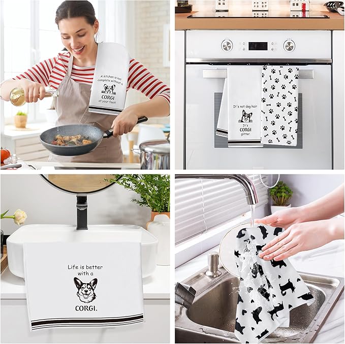 R HORSE Corgi Kitchen Dish Towel Set- 5Pcs Cute Corgi Cleaning Dishcloth Animal Dog Absorbent Bar Quick Dry Hand Towel Tea Towels for Dog Lovers Hostess Bathroom Kitchen Home Decors