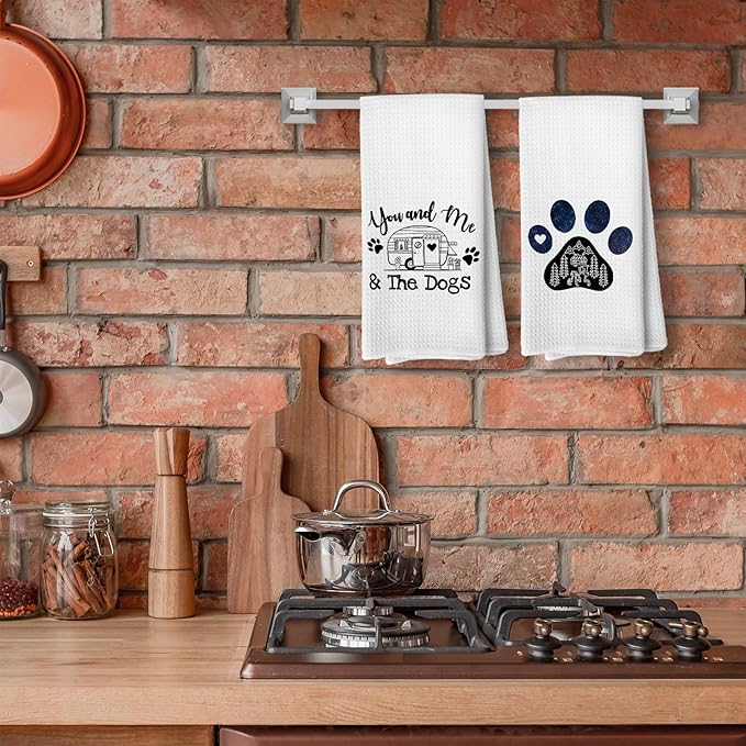 White You and Me and The Dogs Camping Kitchen Towels, Dog Kitchen Towels, RV Campsite Decor, Camping Supplies for RV Campers Campers Lovers Women Men 16x24 in Set of 2