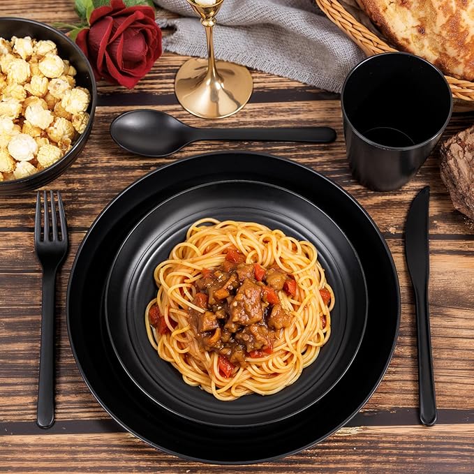 LIYH 28 Pcs Black Wheat Straw Dinnerware Sets - Plates and Bowls Sets, Unbreakable Dinnerware Set Reusable Plates, Bowls, Cups & Cutlery - Lightweight, Dish Set for Kitchen & Camping