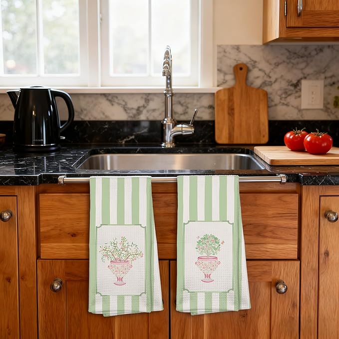 Pink Peach Hand Towels for Kitchen Bathroom 16x24 Set of 2，Chinoiserie Peach Tree Decorative Dish Tea Towels for Kitchen, Green Stripes Porcelain Tree Hand Towel for Bathroom