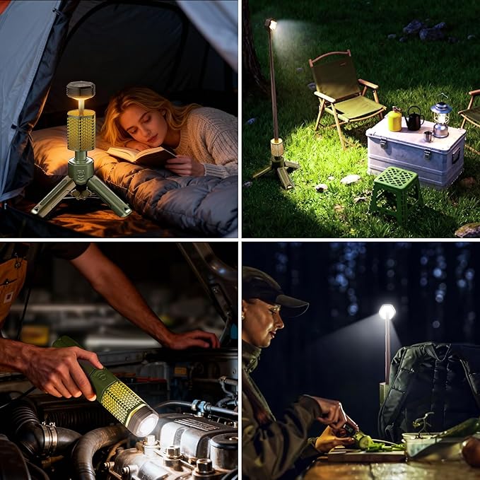 Telescopic Portable Camping Light with Stand - 10500mAh Rechargeable Camping Light with Storage Bag, Dimmable Magnetic Tent Lamp,Waterproof Tripod Pole Work Lights for Outdoor Emergency, Hiking,Green