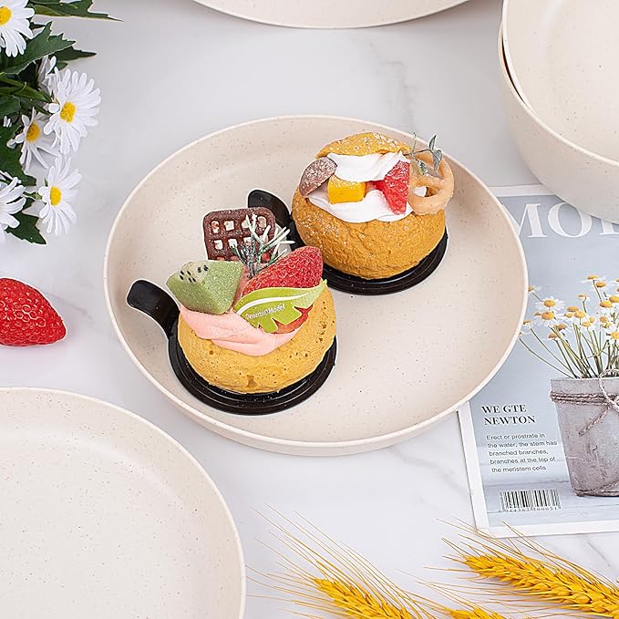 EI 12pcs Wheat Straw Dinnerware Set of 4,Reusable Plastic Plates,Unbreakable Dinner Plates,Deep Dinner Hard Premium Plastic Plate,Microwave Dishwasher Safe for Camping,Picninc,Family Dinner
