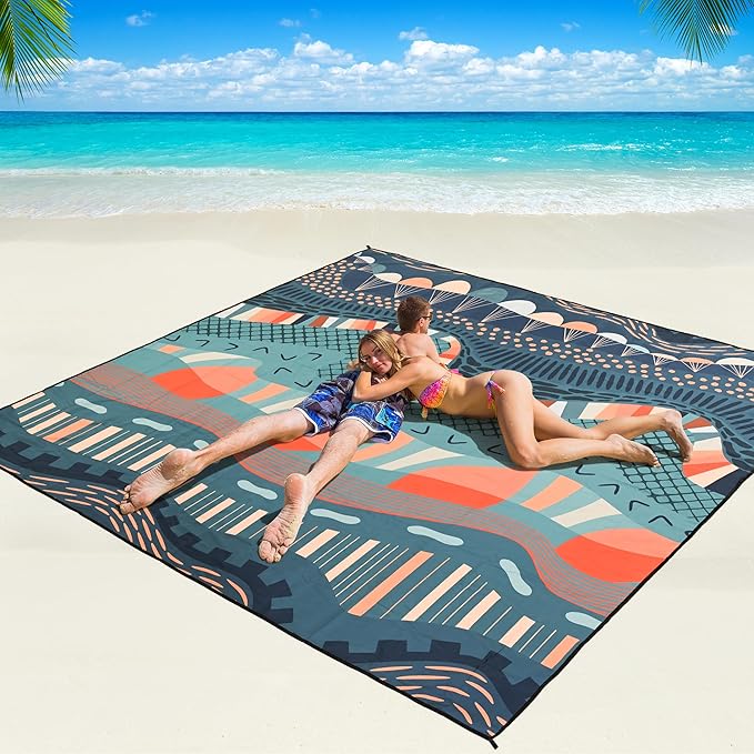 WIWIGO Beach Blanket Waterproof Sandproof Beach Mat 79" X 83"/10'x9'for 2-8 Adults Quick Drying Outdoor Picnic Mat Beach Accessories for Travel, Camping, Hiking