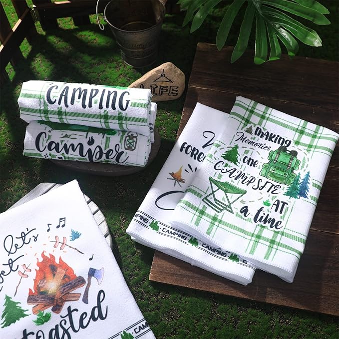 Redbaker 6 Pcs Camping Kitchen Towels Bonfire Tent Car Dishcloth Outdoors Happy Camper Hand Tea Towels Decorative Set Absorbent Camping Decor with Hanging Loop for Camper Gifts RV Accessories(White)