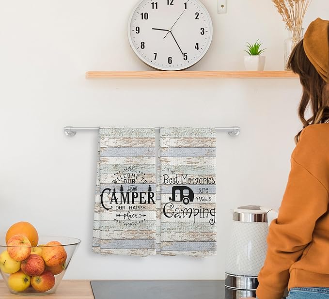 Welcome to Our Camper Camping Kitchen Towels and Dishcloths Sets of 2,Campsite Cabin RV Drying Cloth Hand Towels Tea Towels for Bathroom Kitchen,Campers Camping Lovers Gifts,16×24 inches