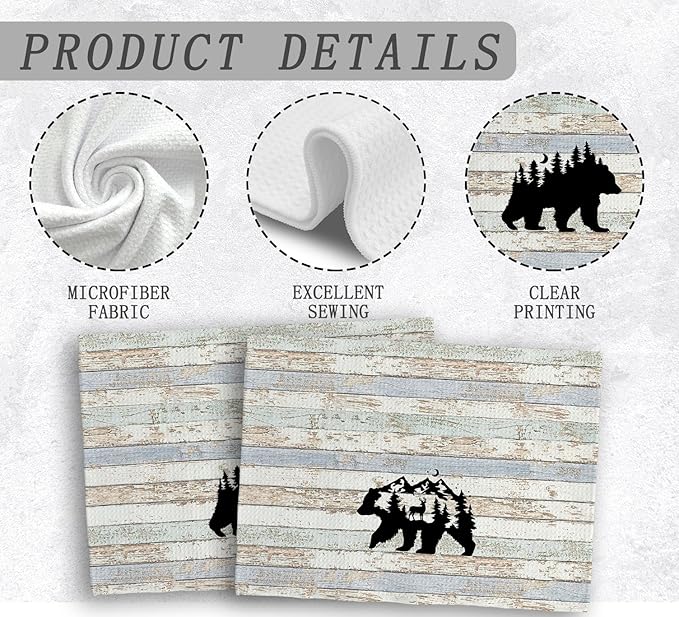 Wild Animal Kitchen Towels, Camping Gifts, Bear Dish Towel, Rustic Forest Bathroom Decor, Art Prints, Gifts for Friends Women Men, Set of 2, 16x24