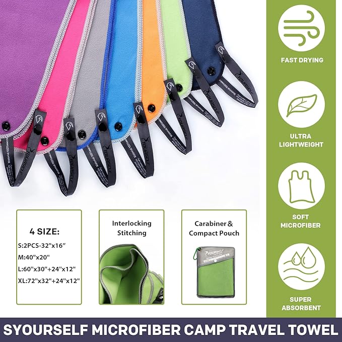 SYOURSELF 2 Pack Microfiber Camping Towel, Quick Dry Towel, Soft Absorbent Compact Travel Gym Workout Sweat Towel for Beach Yoga Swim Travel Camping Hiking Backpack Essentials (XL:72"x32"+12"x24")
