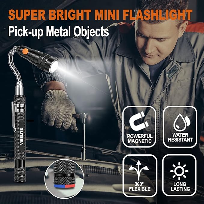 VIBELITE Telescoping Magnetic Pick Up Tool with 1lb& 15lb Pickup Rod, Round& Square 360 Swivel Adjustable Inspection Mirror, Flexible LED Flashlight, Gifts for Men, Women, Him, Birthday Gifts for Men