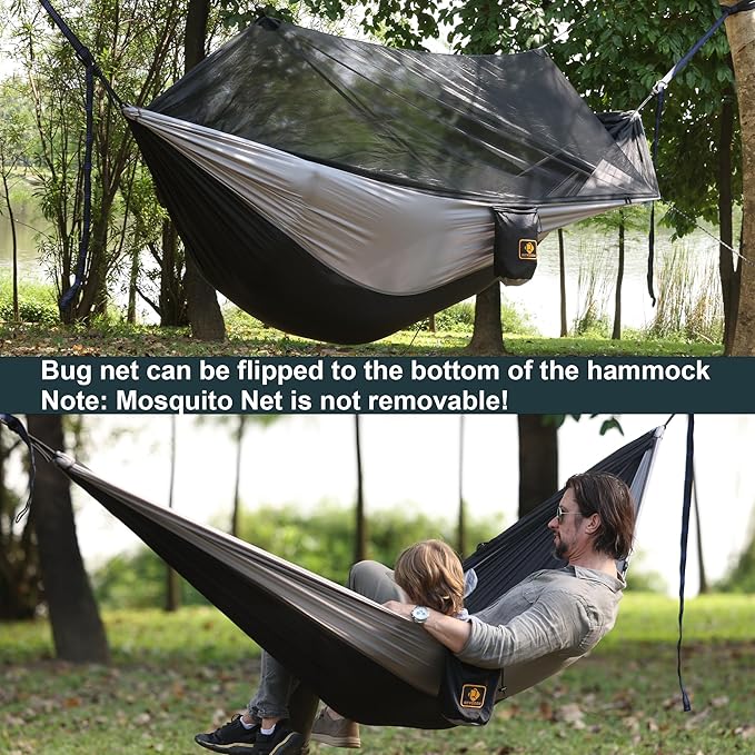 Qevooon Camping Hammock with Net,Travel Portable Lightweight Hammocks with Tree Straps and Solid D-Shape Carabiners,Parachute Nylon Hammock for Outsides Backpacking Beach Backyard Patio Hiking