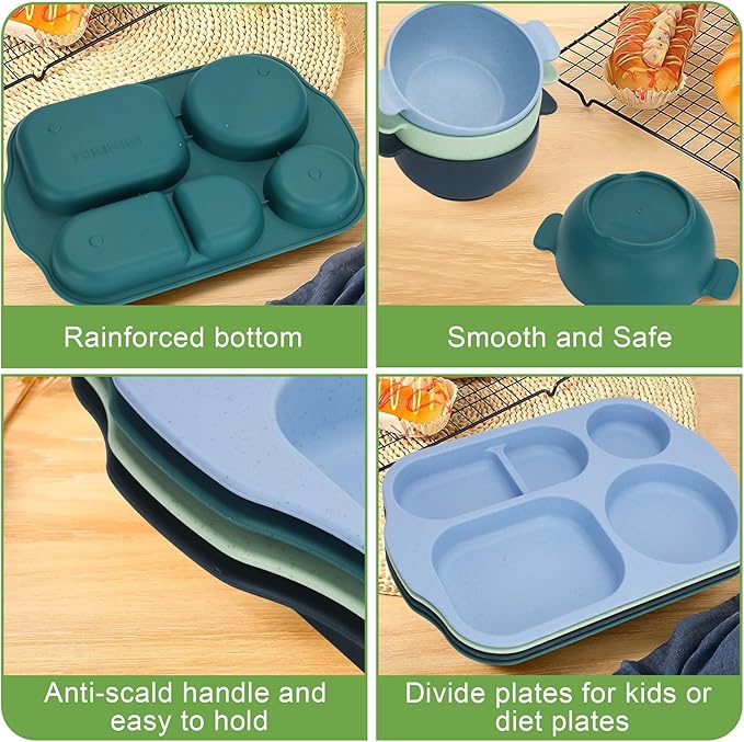 Unbreakable Dinnerware Sets for 4 People,24pcs Divided Plates and Bowls, Reusable Dinnerware Plastic Plates, Cups, Bowls, Cutlery Set for School Party, Camping, Home, Office